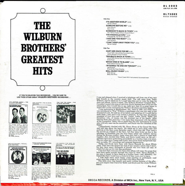 The Wilburn Brothers - The Wilburn Brothers' Greatest Hits - LP