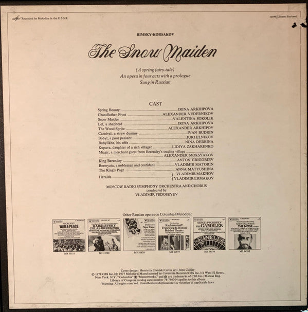 Rimsky-Korsakov* - Irinina Archkipova*, Valentina Sokolik*, Alexander Vedernikov*, Juri Elnikov*, Moscow Radio Symphony Orchestra* And Chous*, Vladimir Fedoseyev - The Snow Maiden (Snegurochka) - LP