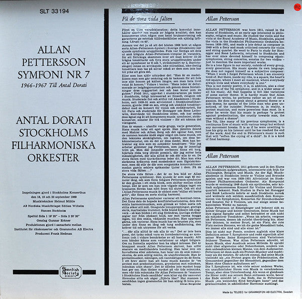Allan Pettersson / Stockholms Filharmoniska Orkester / Antal Dorati - Symfoni Nr 7 - LP