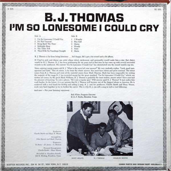 B.J. Thomas - I'm So Lonesome I Could Cry - LP