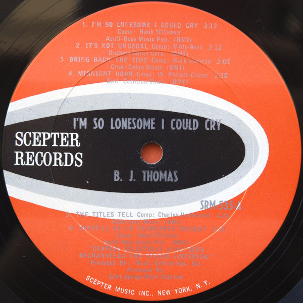 B.J. Thomas - I'm So Lonesome I Could Cry - LP