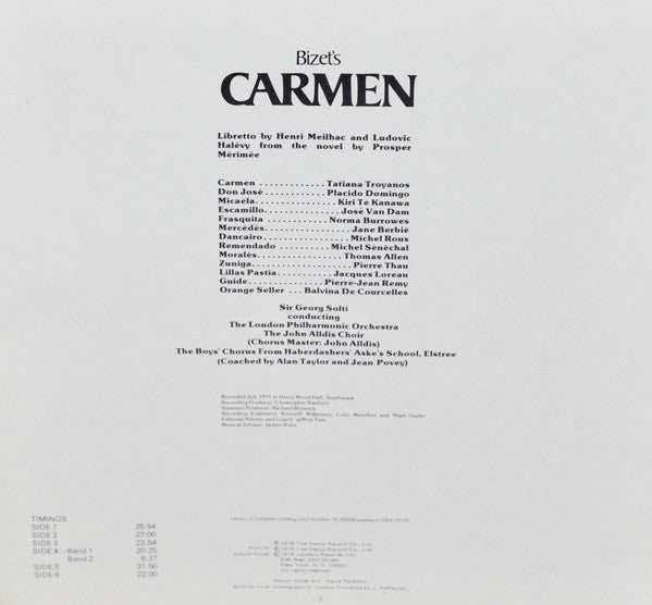 Bizet* - Sir Georg Solti*, Troyanos*, Domingo*, Te Kanawa*, Van Dam* - Carmen - LP