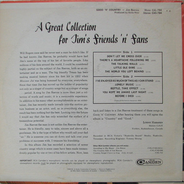 Jim Reeves - Good 'N' Country - LP
