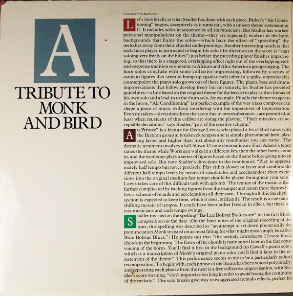 Thad Jones / George Adams / George Lewis / Stanley Cowell / Reggie Workman / Lenny White / Heiner Stadler - A Tribute To Monk And Bird