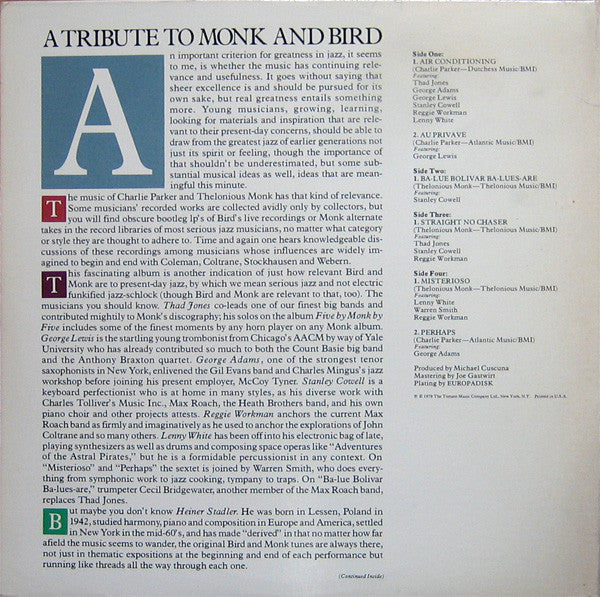 Thad Jones / George Adams / George Lewis / Stanley Cowell / Reggie Workman / Lenny White / Heiner Stadler - A Tribute To Monk And Bird