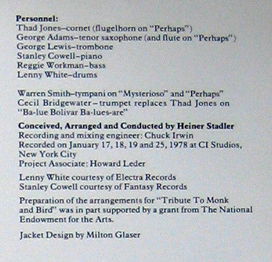 Thad Jones / George Adams / George Lewis / Stanley Cowell / Reggie Workman / Lenny White / Heiner Stadler - A Tribute To Monk And Bird