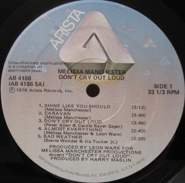 Melissa Manchester - Don't Cry Out Loud - LP