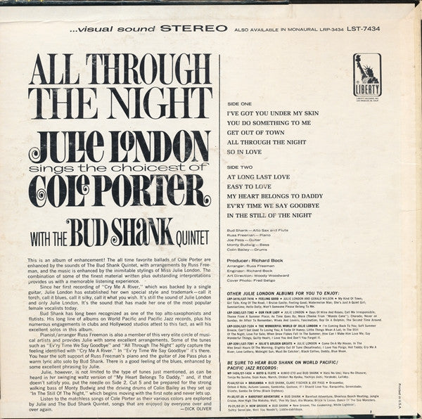 Julie London With The Bud Shank Quintet - All Through The Night (Julie London Sings The Choicest Of Cole Porter) - LP