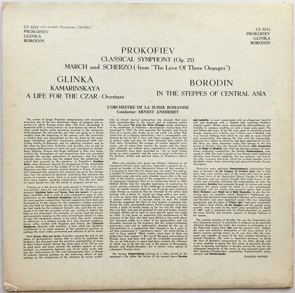 Prokofiev* / Glinka* / Borodin* - Ernest Ansermet, L'Orchestre De La Suisse Romande - Classical Symphony / March And Scherzo From The Love For Three Oranges / Kamarinskaya Fantasy / A Life For The Czar - Overture / In The Steppes Of Central Asia - LP