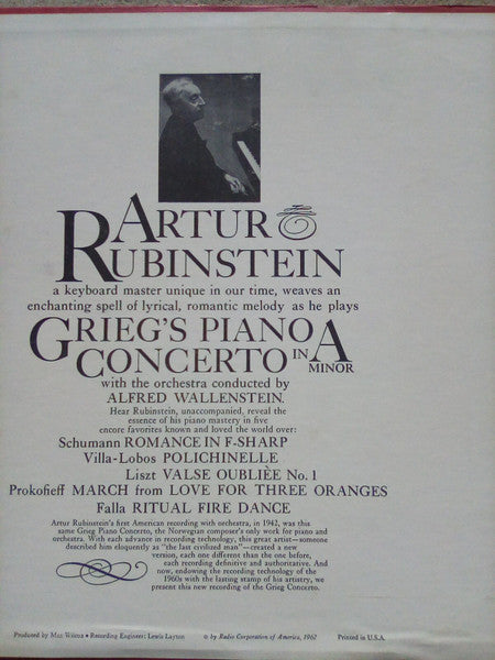Artur Rubinstein*, Alfred Wallenstein, Grieg*, Falla*, Liszt*, Schumann*, Prokofieff*, Villa-Lobos* - Grieg Piano Concerto and Favorite Encores - LP