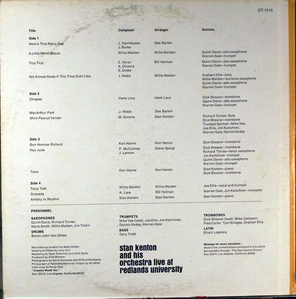 Stan Kenton And His Orchestra - Live At Redlands University - LP