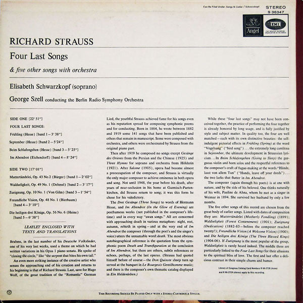 Richard Strauss - Elisabeth Schwarzkopf, George Szell Conducting The Berlin Radio Symphony Orchestra* - Four Last Songs - LP