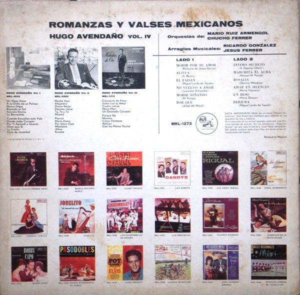Hugo Avendaño - Romanzas Y Valses Mexicanos - LP