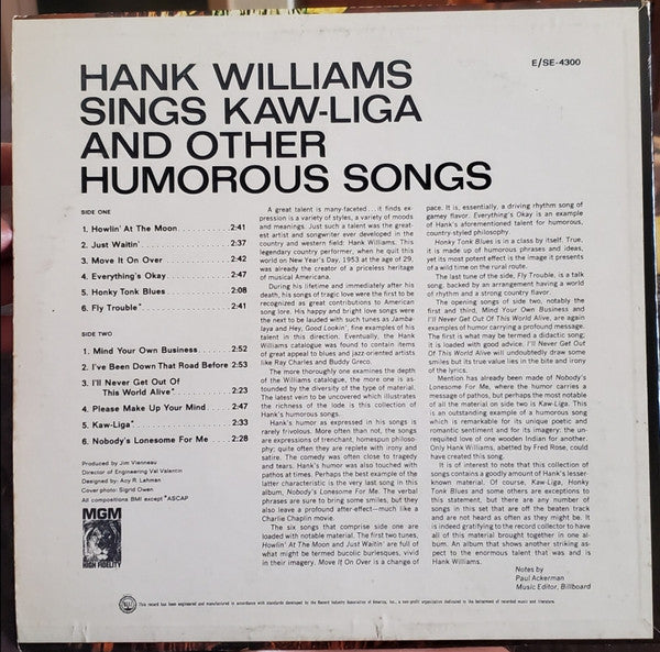 Hank Williams - Sings Kaw-Liga And Other Humorous Songs - LP