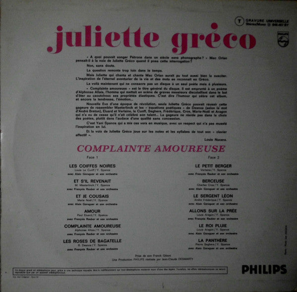 Juliette Gréco - Complainte Amoureuse - LP