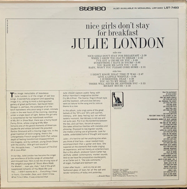 Julie London - Nice Girls Don't Stay For Breakfast - LP