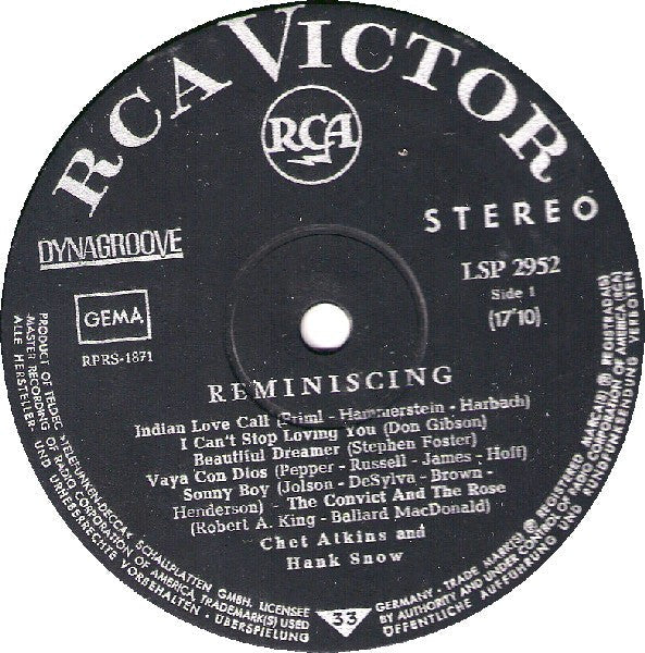 Chet Atkins And Hank Snow - Reminiscing - LP