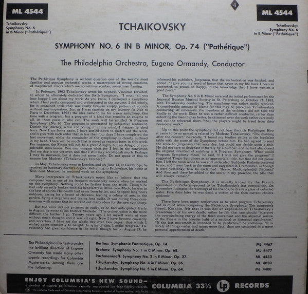 The Philadelphia Orchestra, Eugene Ormandy - Tchaikovsky* - Symphony No. 6 In B Minor ("Pathétique") - LP