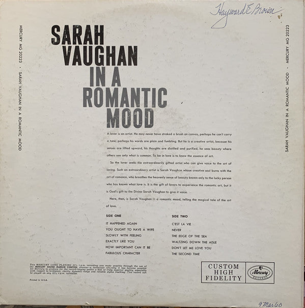 Sarah Vaughan - Sarah Vaughan In A Romantic Mood - LP