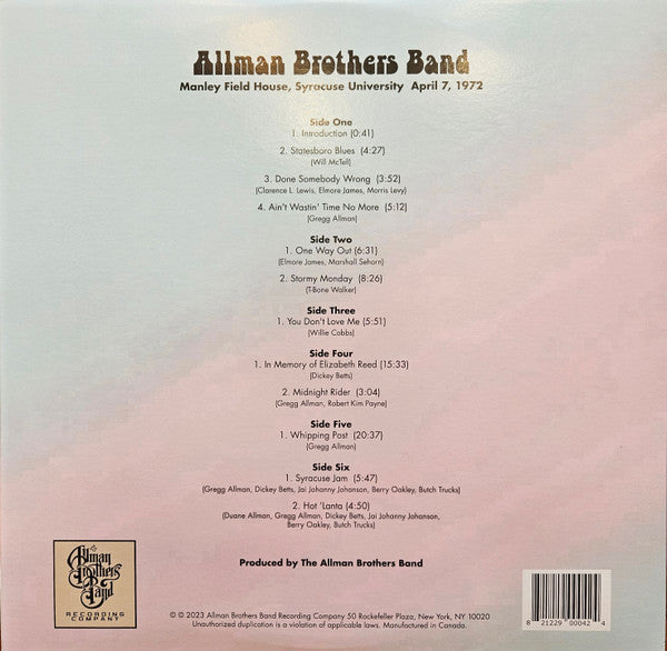 The Allman Brothers Band - Manley Field House, Syracuse University, April 7 1972 - LP
