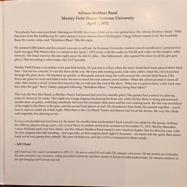 The Allman Brothers Band - Manley Field House, Syracuse University, April 7 1972 - LP