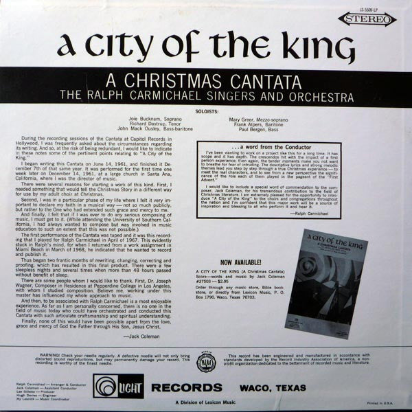 The Ralph Carmichael Singers And Orchestra* - A City Of The King - LP