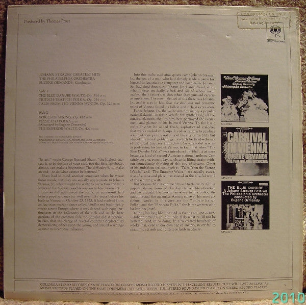 Johann Strauss* - Philadelphia Orchestra*, Eugene Ormandy - Johann Strauss' Greatest Hits - LP