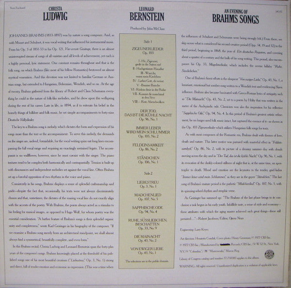 Christa Ludwig, Leonard Bernstein - Brahms* - An Evening Of Brahms Songs - LP