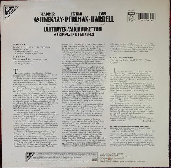 Vladimir Ashkenazy • Itzhak Perlman • Lynn Harrell, Beethoven* - "Archduke" Trio & Trio No. 7 In B Flat (1812) - LP