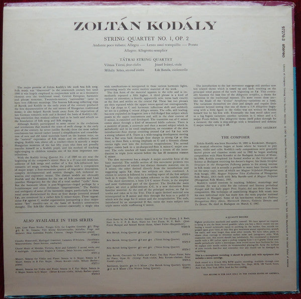 Zoltán Kodály / Tátrai String Quartet* - String Quartet No. 1, Op. 2 - LP