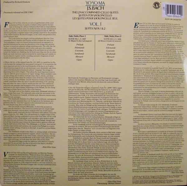 J.S. Bach*, Yo-Yo Ma - The Unaccompanied Cello Suites  / Suiten Für Violoncello / Les Suites Pour Violoncelle Seul - Vol. 1, Suites Nos. 1 & 2 - LP