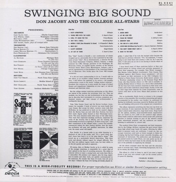 Don Jacoby And The College All-Stars - Swinging Big Sound - LP