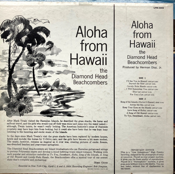 The Diamond Head Beachcombers - Aloha From Hawaii - LP