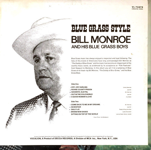 Bill Monroe And His Blue Grass Boys* - Blue Grass Style - LP