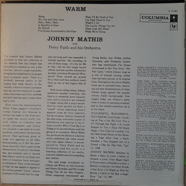 Johnny Mathis With Percy Faith And His Orchestra* - Warm - LP
