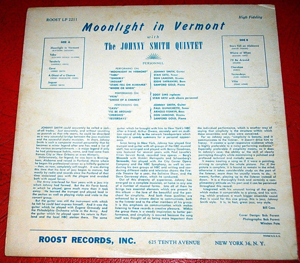 Johnny Smith Quintet Featuring Stan Getz - Moonlight In Vermont - LP