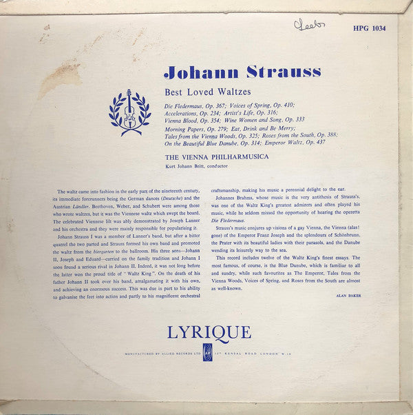 Johann Strauss Jr., The Vienna Philharmusica* - Best Loved Waltzes - LP