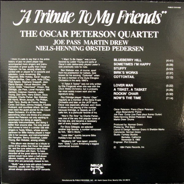 The Oscar Peterson Quartet - A Tribute To My Friends - LP
