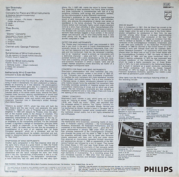 Stravinsky* - Theo Bruins, Netherlands Wind Ensemble*, Edo de Waart - Concerto For Piano And Wind Instruments / "Ebony" Concerto / Symphonies Of Wind Instruments / Octet For Wind Instruments - LP