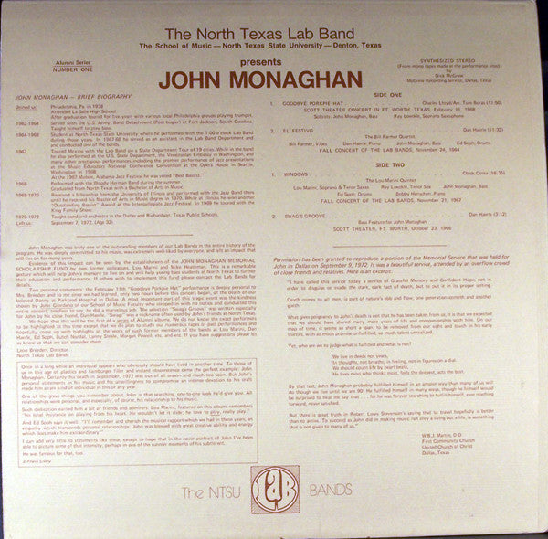 John Monaghan (2) With The North Texas Lab Band, Denton, Texas* - Early Tracks By John Monaghan - LP