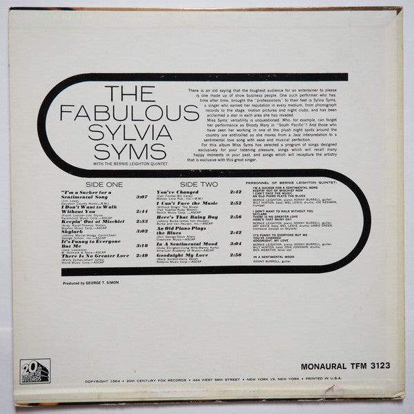 Sylvia Syms With The The Bernie Leighton Quintet - The Fabulous Sylvia Syms - LP