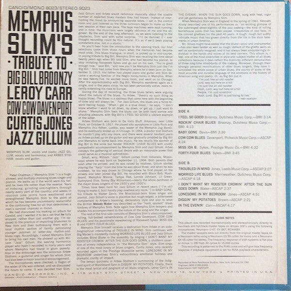 Memphis Slim - Memphis Slim's Tribute To Big Bill Broonzy, Leroy Carr, Cow Cow Davenport, Curtis Jones, Jazz Gillum - LP