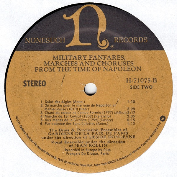 The Brass And Percussion Ensembles of Gardiens De La Paix De Paris*, Desire Dondeyne* - Vocal Ensemble*, Jean Rollin  - Military Fanfares, Marches & Choruses From The Time Of Napoleon - LP