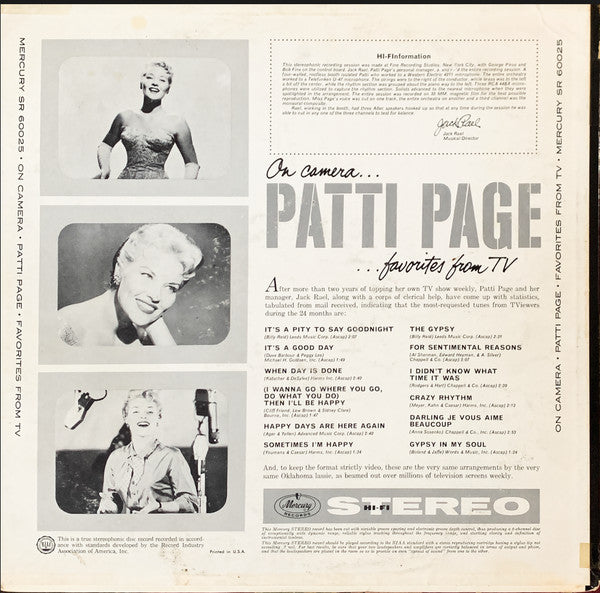 Patti Page - On Camera…Patti Page…Favorites From TV - LP