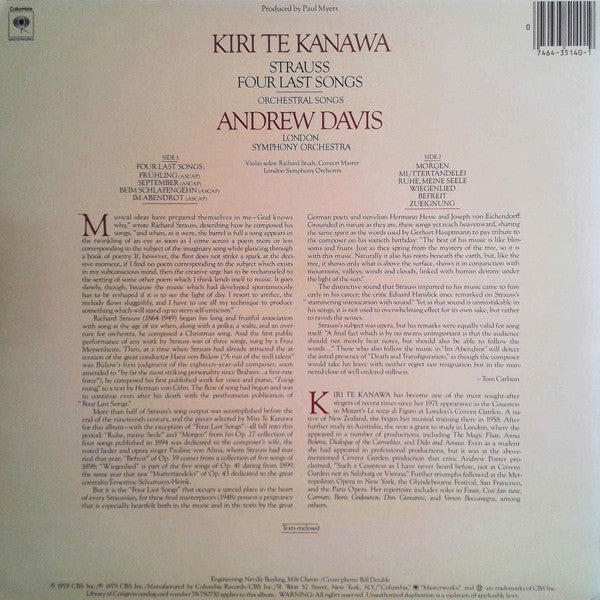 Kiri Te Kanawa, Andrew Davis, London Symphony Orchestra - Strauss* - Four Last Songs / Orchestral Songs - LP