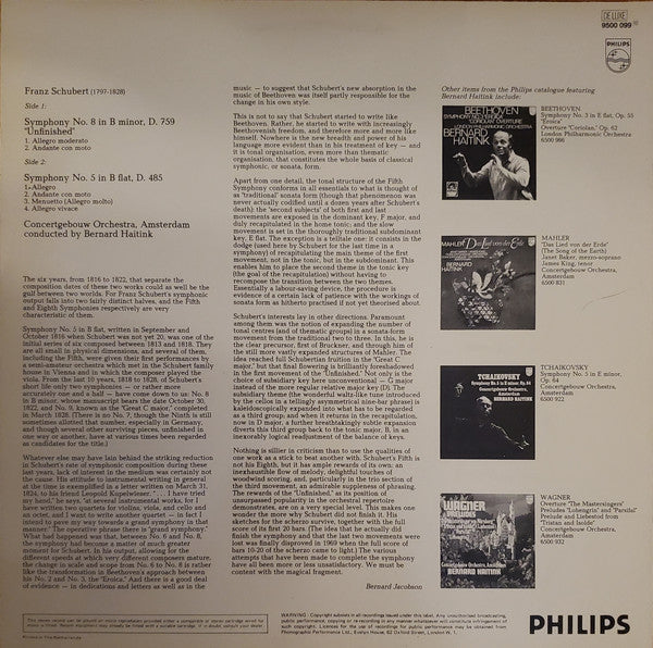 Franz Schubert - Concertgebouworkest, Bernard Haitink - Symphonies No. 5 And No. 8 «Unfinished» - LP