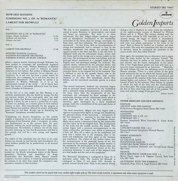 Howard Hanson, Eastman-Rochester Orchestra, Eastman School Of Music Chorus - Symphony No. 2, Op. 30 "Romantic"; Lament For Beowulf - LP