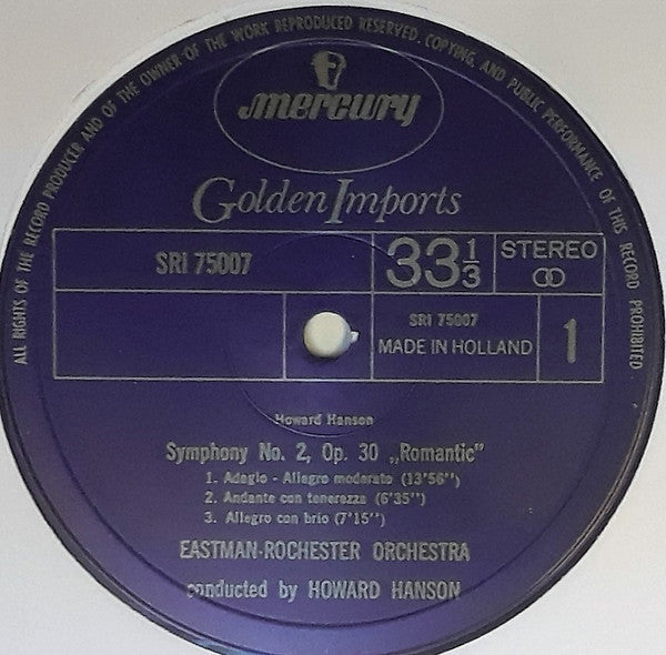 Howard Hanson, Eastman-Rochester Orchestra, Eastman School Of Music Chorus - Symphony No. 2, Op. 30 "Romantic"; Lament For Beowulf - LP