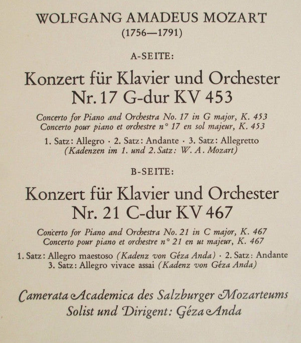 Mozart* - Camerata Academica Des Salzburger Mozarteums*, Géza Anda - Klavierkonzerte G-Dur KV 453 ・C-Dur KV 467 - LP