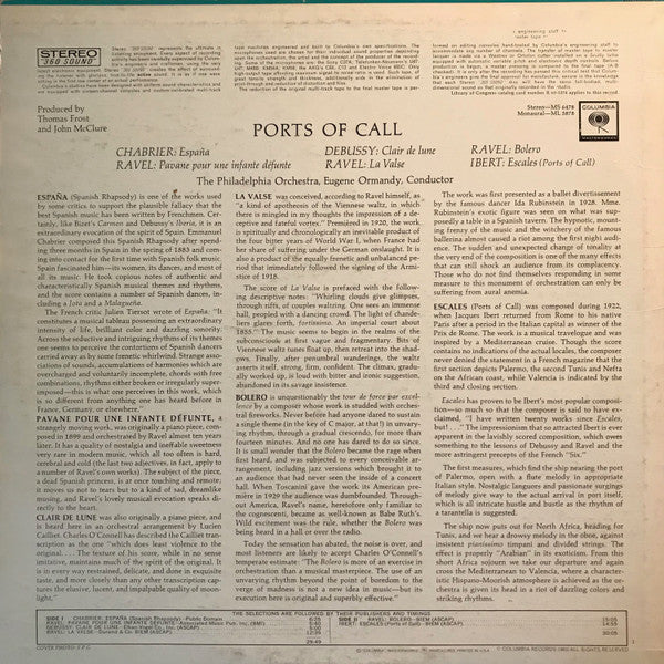 Ravel* / Ibert* / Debussy* / Chabrier* - The Philadelphia Orchestra, Eugene Ormandy - Ports Of Call - LP